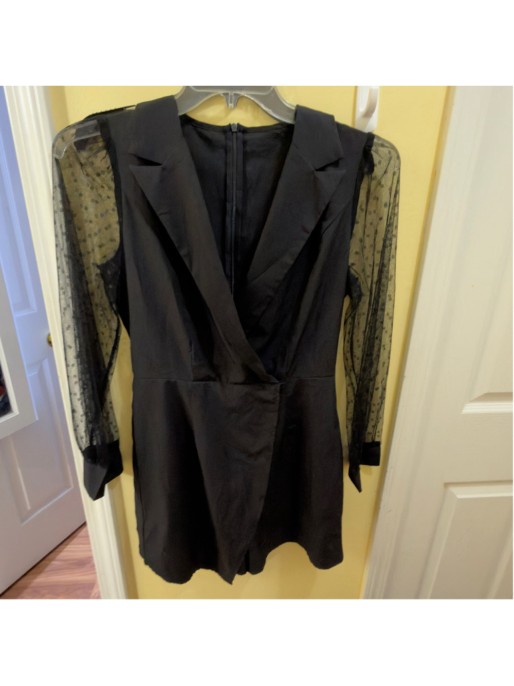 Women's shein Black Blazer Romper with Sheer Polka Dot Sleeves Size S